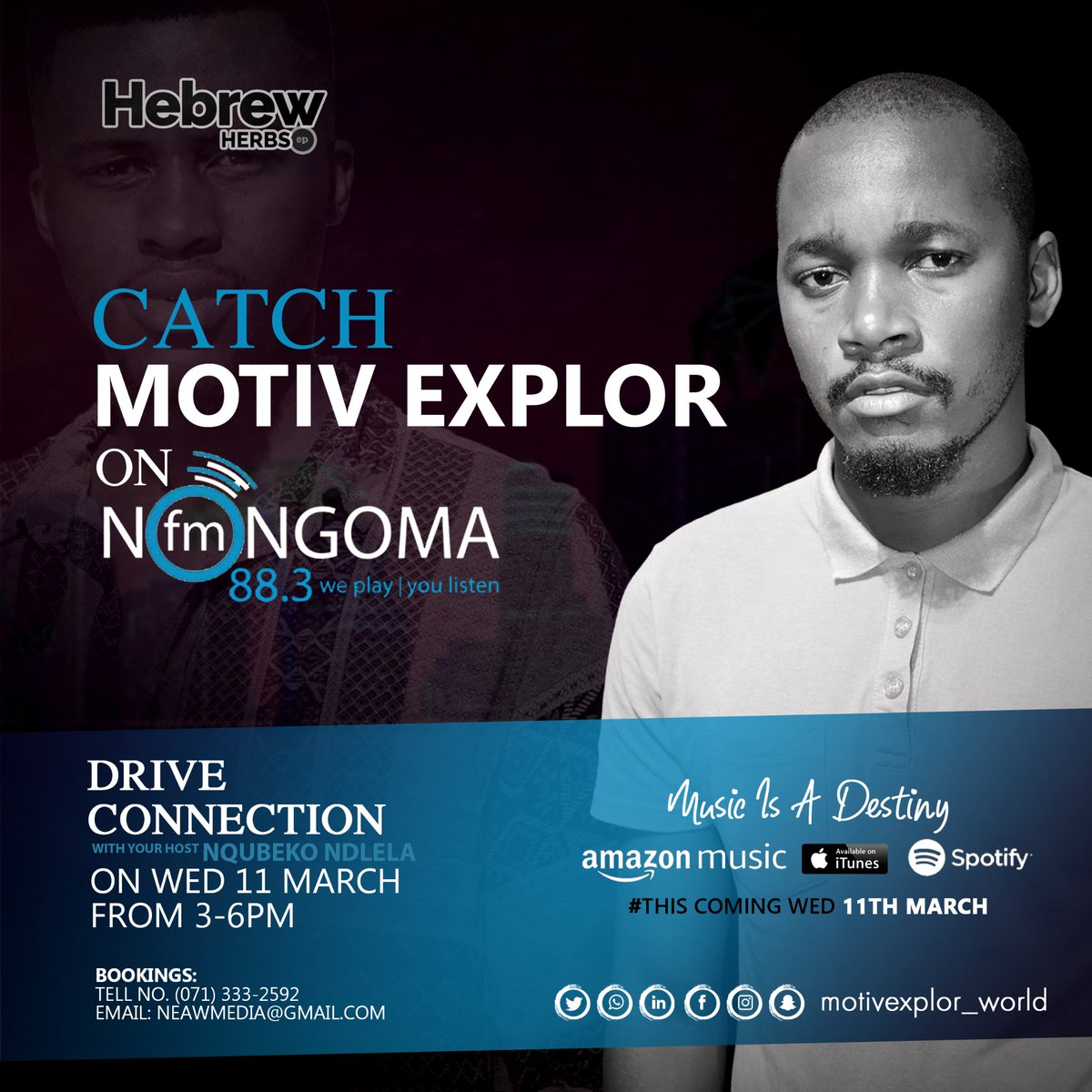 motivexplor's tweet photo. Yes indeed
This Coming Wed *3-6pm* find your best dj on your radio NONGOMA 88.3 with an exclusive interview with your host *Nqubeko Ndlela* #DriveConnection #HebrewHerbEP #MotivExplor
Your Support is more than anything to us
Click Here Now: https://t.co/VXIdKkNGV0 https://t.co/dCJmEvgG3T