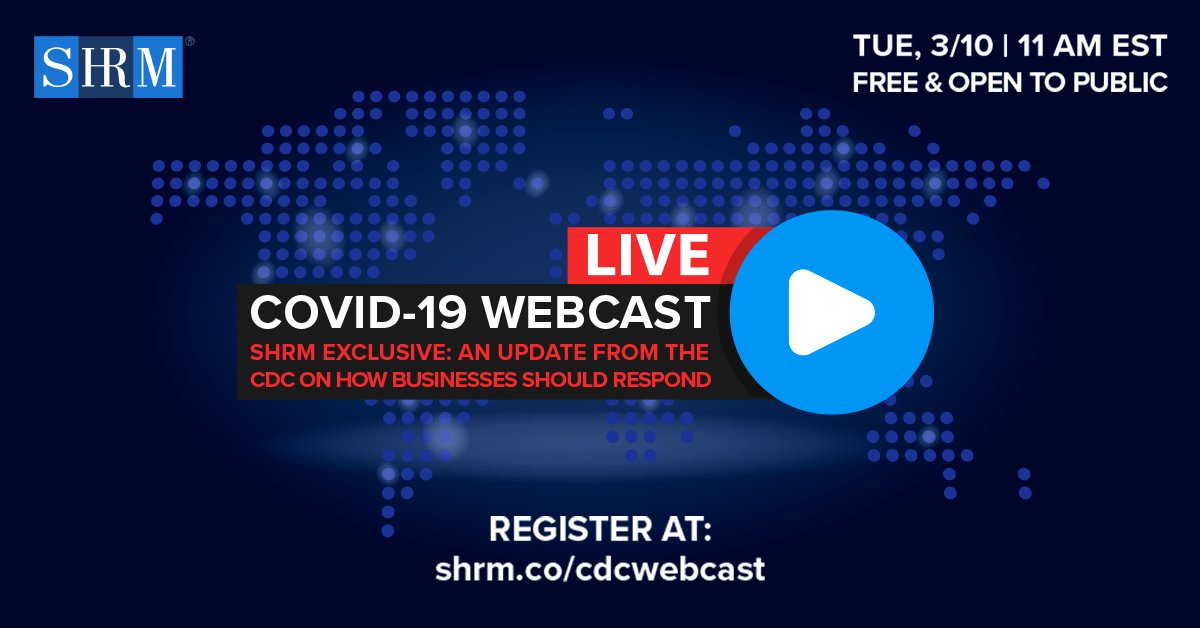 3/10 @ 11am ET: Live webcast on #COVID19 updates, FAQs &amp; advice for the business community with Dr. Jay Butler, <a href="/CDCgov/">CDC</a> Deputy Dir. for Infectious Diseases and <a href="/JohnnyCTaylorJr/">Johnny C. Taylor, Jr., SHRM-SCP</a>. 
@SHRMAClayton &amp; <a href="/SHRM_CKO/">Alexander Alonso</a> to answer submitted FAQs as well. 
Register free: shrm.co/cdcwebcast