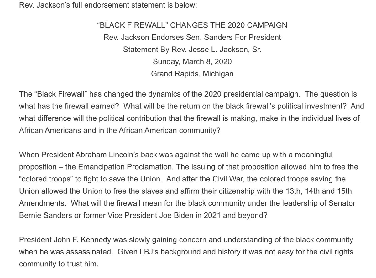 sluggahjells's tweet photo. Seriously, when you get a chance, read ALL of Jesse Jackson's endorsement statement of @BernieSanders. 

It is as great an endorsement of a presidential candidate that you will EVER read or see.  

#MichiganPrimary #SuperTuesday2 https://t.co/uf5hRjQ6tq