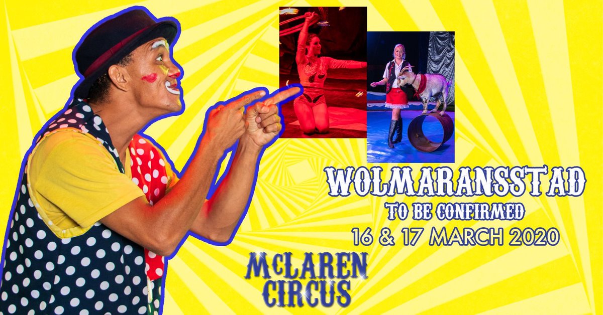 DenzilMclaren's tweet photo. Catch #McLarenCircus Spectacular Show in #Wolmaransstad on Monday & Tuesday #NorthWestProvince #NorthWestZA #NoordWes #NWProvince
#Bloemhof #Bothaville #DrKennethKaunda #Klerksdorp #Leeudoringstad #MaquassiHills #Ottosdal #Tswelelang #Tswana Visit @mclarenscircus No1 real πͺπ€‘π https://t.co/wPk79hGwG3
