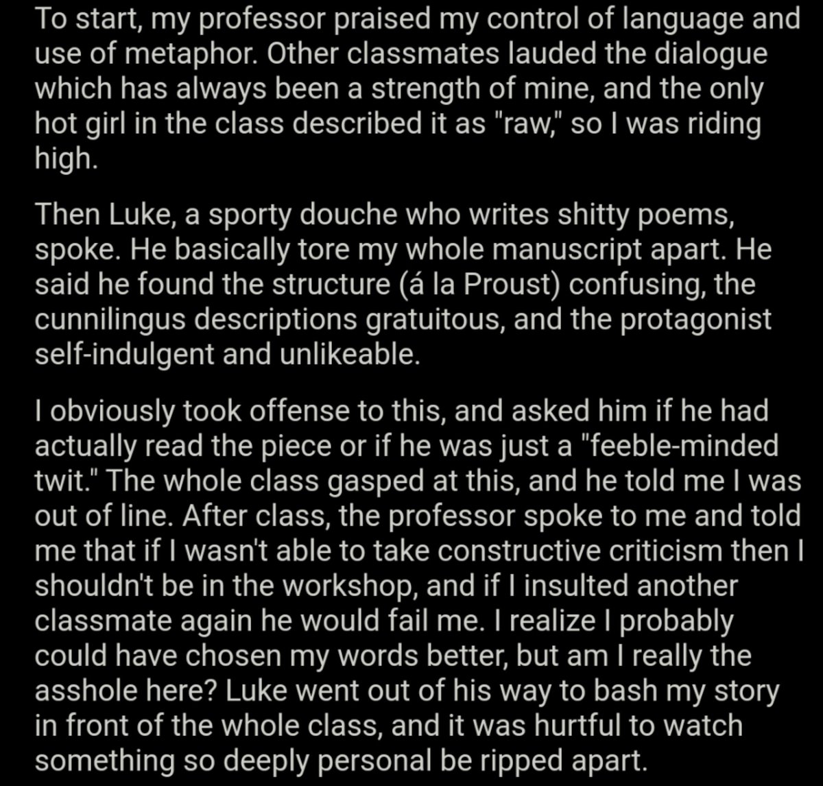 AITA_online's tweet photo. AITA for calling a student in my creative writing class "feeble-minded twit"?  https://t.co/ppU0uYftHr https://t.co/ed1prZEOei