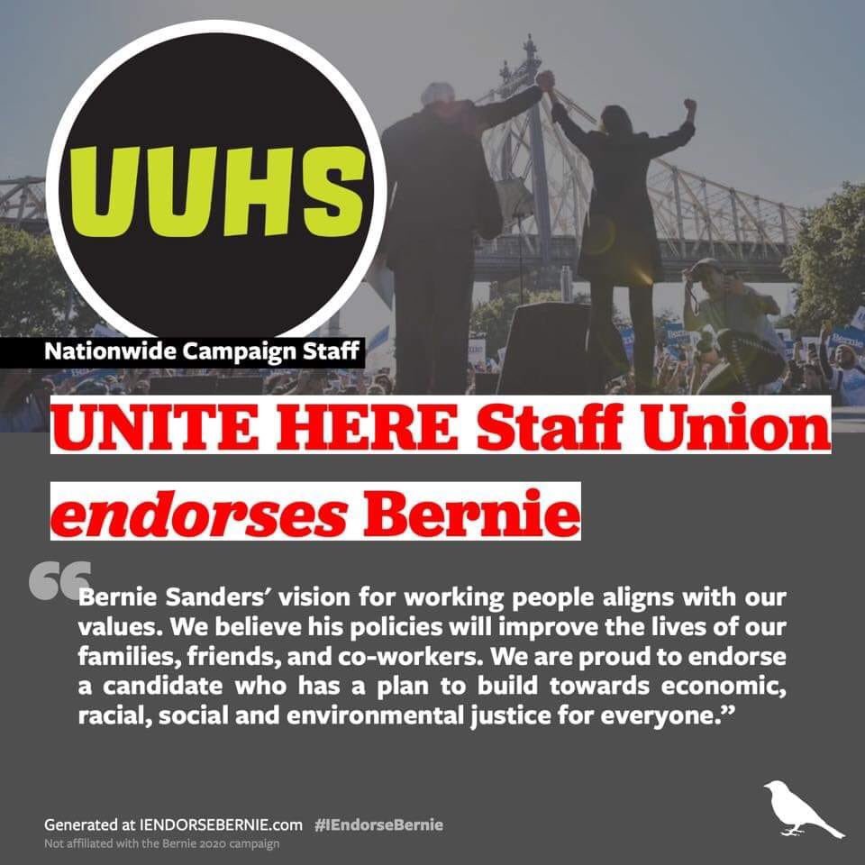 heyadiana's tweet photo. Last week, the Executive Board of the Union of Unite Here Staff voted to endorse @BernieSanders as the Democratic presidential candidate of the United States. #NotMeUs https://t.co/Fw4MAQGViv
