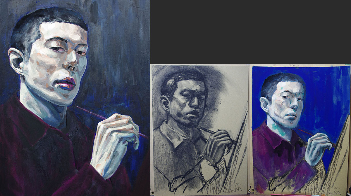 自画像 厚手のボール紙（400mm×550mm）にアクリルガッシュで描いた自画像の