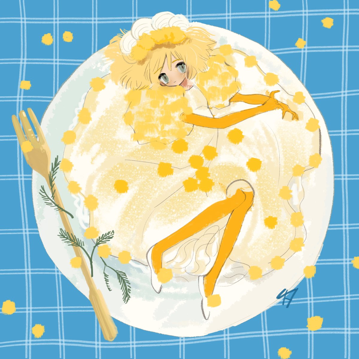 1girl solo blonde hair fork food plate plaid  illustration images