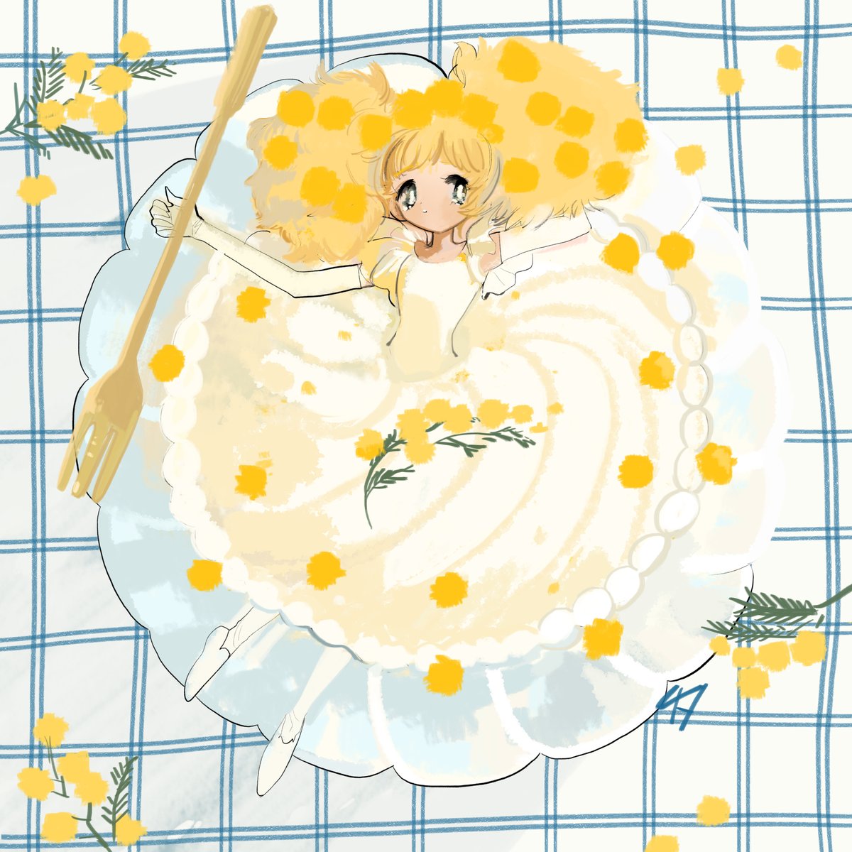 1girl solo blonde hair fork food plate plaid  illustration images
