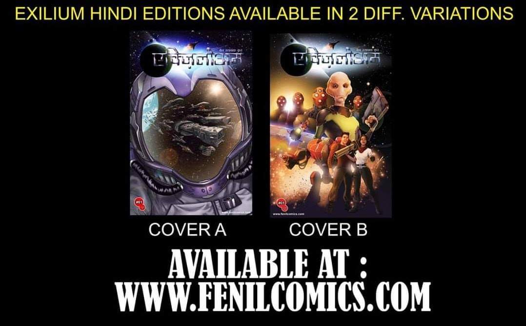 The first issue of my sci-fi series @ExiliumComic is now available in Hindi! Very excited to be reaching an all-new audience. There are two cover variants available. If you're a Hindi speaker, make sure to check it out at fenilcomics.com! #scifi #hindicomics