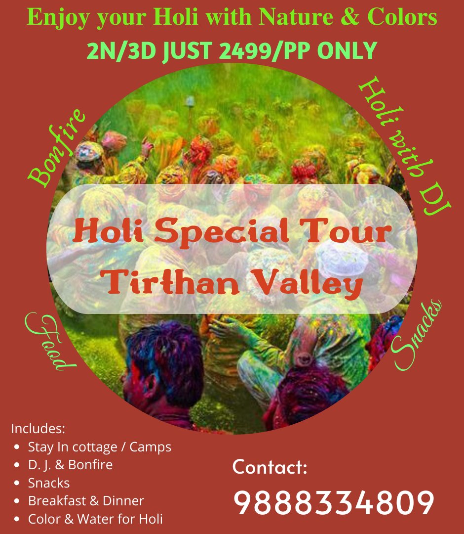 Holi Special Tour to Tirthan Valley!!!

We have all the arrangements to facilitate the Holi Celebration !!! Do come and enjoy!!!

tirthanvalleystay.com
9888334809

#holi #holicelebration #celebrateholi #himalayas #himachalpradesh