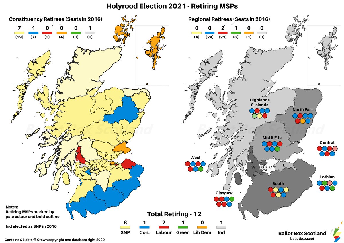 For folk keeping tabs, here are the retiring MSPs so far marked by constituency/list seat position.Note that whilst Derek Mackay is all but certain not to stand in 2021 there remains an open question at the moment of a by-election pre-2021, so he is not (yet?) included.