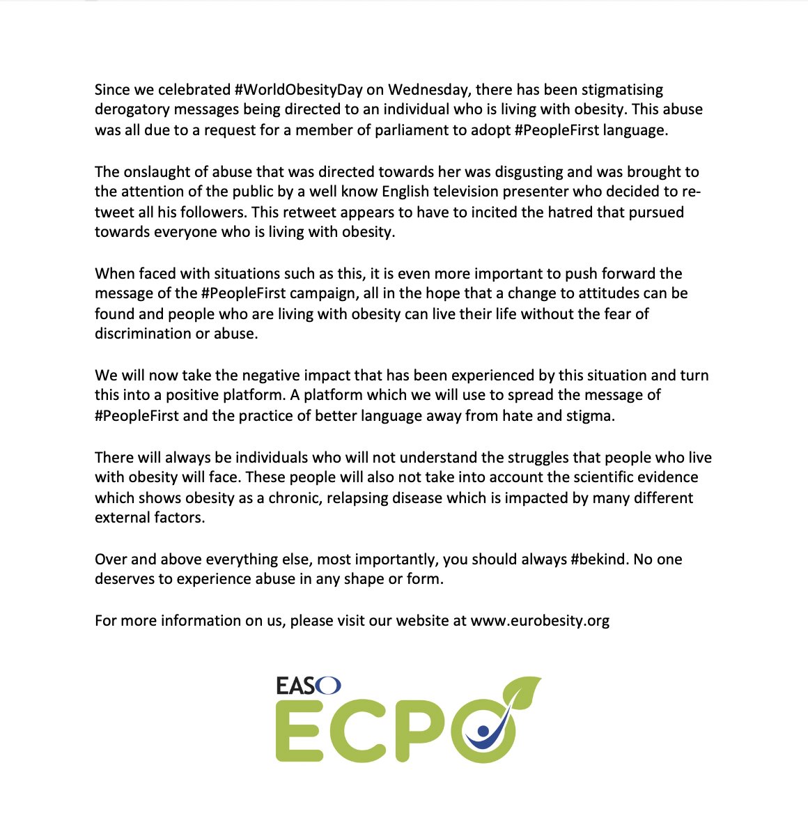ECPObesity's tweet photo. For people who may not understand the science behind obesity, I would request that you take 3 minutes out of your day to review a short video: https://t.co/lpmMg0ELDe

#WorldObesityDay 
#PeopleFirst
#ECPObesity
#EASOobesity
#stopobesitystigma https://t.co/HGTFkb4dRS