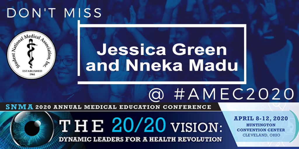 SNMA's tweet photo. We are excited 2 announce that Jessica Green and Nneka Madu from @chocolate_docs will be joining us as speakers in #theCLE 4 #AMEC2020 April 8-12. Will you be there? Regular registration ends 3/8. Register at https://t.co/327X8WSCDW #ThisisCLE #AMECLE #2020vision #ThisisCLE #SNMA https://t.co/QpYQq6fbzn