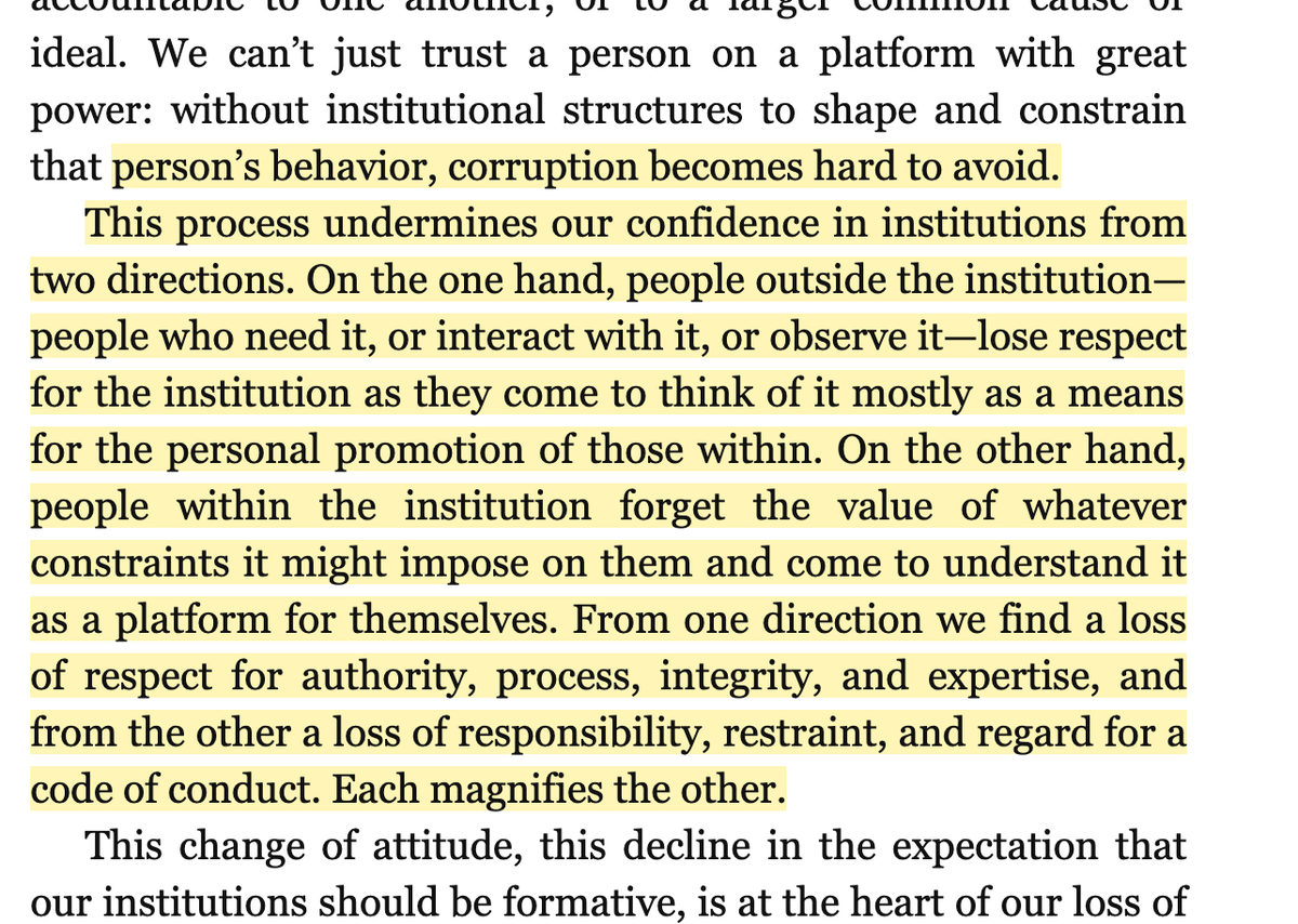 "From one direction we find a loss of respect for authority, process, integrity, and expertise, and from the other a loss of responsibility, restraint, and regard for a code of conduct. Each magnifies the other."