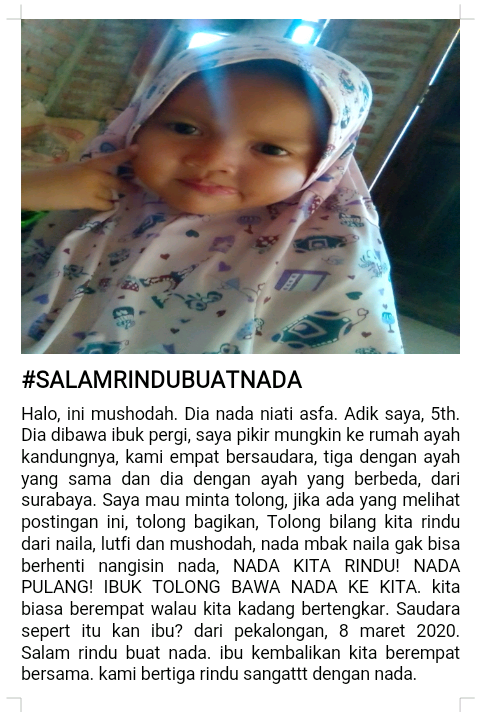 Mushodah5's tweet photo. @ruben_onsu kak ruben saya mau minta tolong? Up kan ini? Kalau kak ruben gak keberatan. Saya dari pekalongan. Ibu bawa pergi adik saya dan gak tau kabarnya. Ibu saya marah sama ayah saya. Saya sama kakaknya yang lain, rindu sama nada. #salamrindubuatnadadaripekalongan https://t.co/ptoLa86vMH