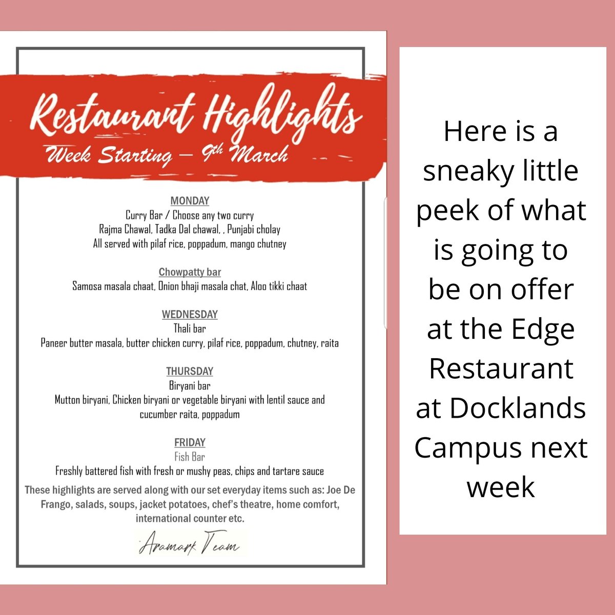 ueatwell's tweet photo. Here is the weekly sneaky peek at what is coming to the Edge Restaurant at Docklands Campus this week. Personally, I'm looking forward to Thursday!!
#lunchtime #mealplanning #curryweek #edgerestaurant #DocklandsCampus #UEL #uellife #ueatwell #aramark https://t.co/FOUL52z0Le