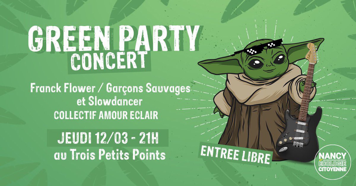 EcoloJNancy's tweet photo. 🌱GREEN PARTY 🎸 : Franck Flowers + Garçons Sauvages + Dj Slowdancer #CONCERTGRATUIT 

Envie de te détendre ? Passer un bon moment ? RDV aux 3 petits points ce Jeudi 12/03 à 21H 🤟

Viens accompagné.e et nous te distribuerons des goodies 😉 

👉 https://t.co/8Hc3vNWgwT https://t.co/AmkmQsAVx7