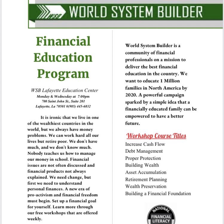 WSBCampaign's tweet photo. Workshops hosted on Wednesday nights at 7:00pm at 700 Saint John Str, 2nd floor of the Gulf CoastBank Start learning how to take control of your financial future with our free course!! https://t.co/x8cpFwLTaq