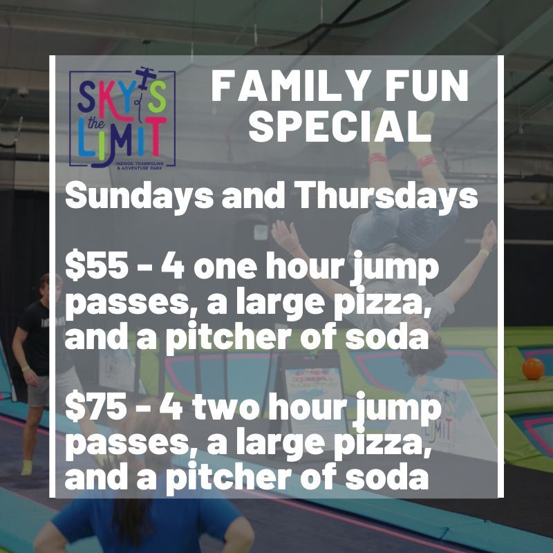SkysTheLimitKY's tweet photo. Eat!  Jump!  Play!  Our Family Fun Special is perfect for a Sunday afternoon.  Book your jump time at https://t.co/jEg3FIsojj. https://t.co/QeNtboemyN
