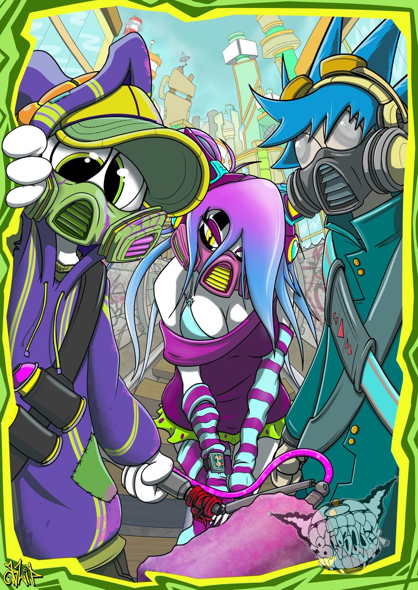 Blipartist's tweet photo. the C^4 crew is here to slather to bomb your boring walls with brain melting colors! dont bother hiding, you wont get away hehe, hailing from a mysterious place called Nehter, tokyo-to will not be safe from the clowns #jetsetsona #jetsetradiolive #nehter #blipsqueek #art #cartoon https://t.co/71ma8AFvmC