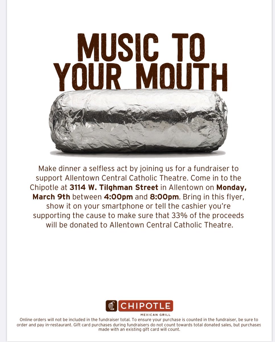 CCHSMusicalBoss's tweet photo. Tomorrow Night at the Tighlman St. Chipotle! https://t.co/ERujgH1azx