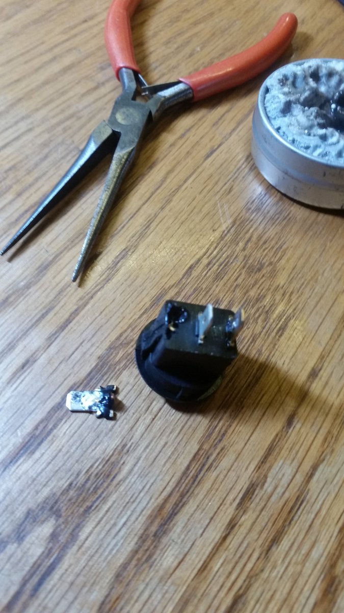 PBFerrell's tweet photo. Protip: Don't overheat the solder tabs on your cheap plastic switches. Especially when you don't have spares on hand. #solderfail https://t.co/l6bAffmTBf