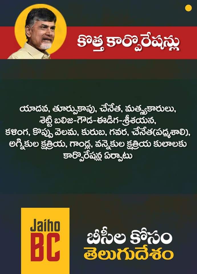 TDPMalaysia's tweet photo. #బీసీల కోసం #తెలుగుదేశంపార్టీ

బీసీ ఉపప్రణలికకు చట్టబద్ధత

ఆలయాలలో తలనీలాలు తిచేవారికి  5 రూ నుండి 25 రూ లకు పెంచింది తెలుగుదేశం పార్టీ

యాదవ,తుర్పుకాపు, చేనేత శెట్టి బలిజ గౌడ కళింగ,కొప్పు,వెళ్ళమ,గాండ్ల మరియు ఇతర బీసీ కులాలకు కార్పోరేషన్ ఏర్పాటు...

#JaganCheatingBC
#TDPWithBC https://t.co/knlBYBDESU