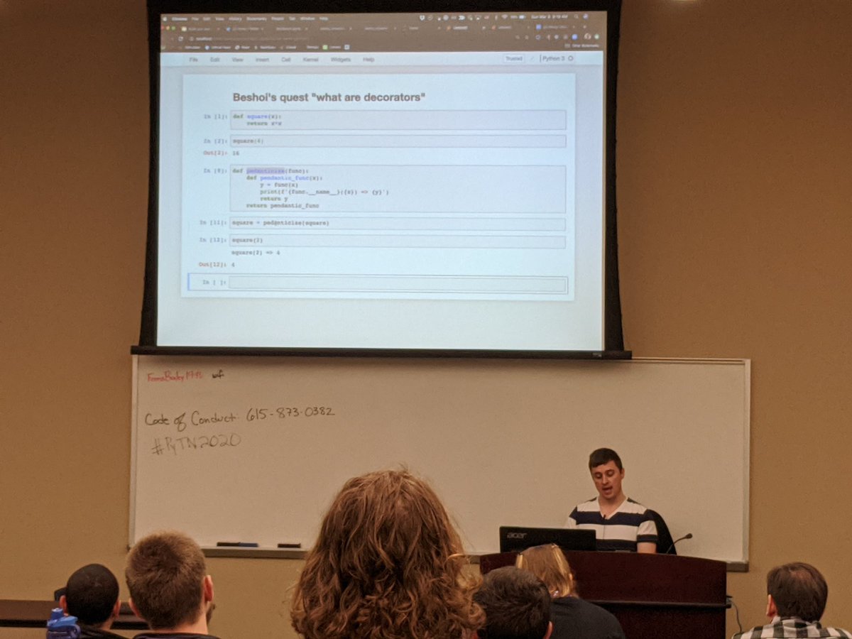 evansmithdev's tweet photo. "A decorator is a function that takes a function and returns a function."
Excellent presentation both in content and delivery by @JnBrymn
#PyTN2020 https://t.co/zHxSnIfGTY