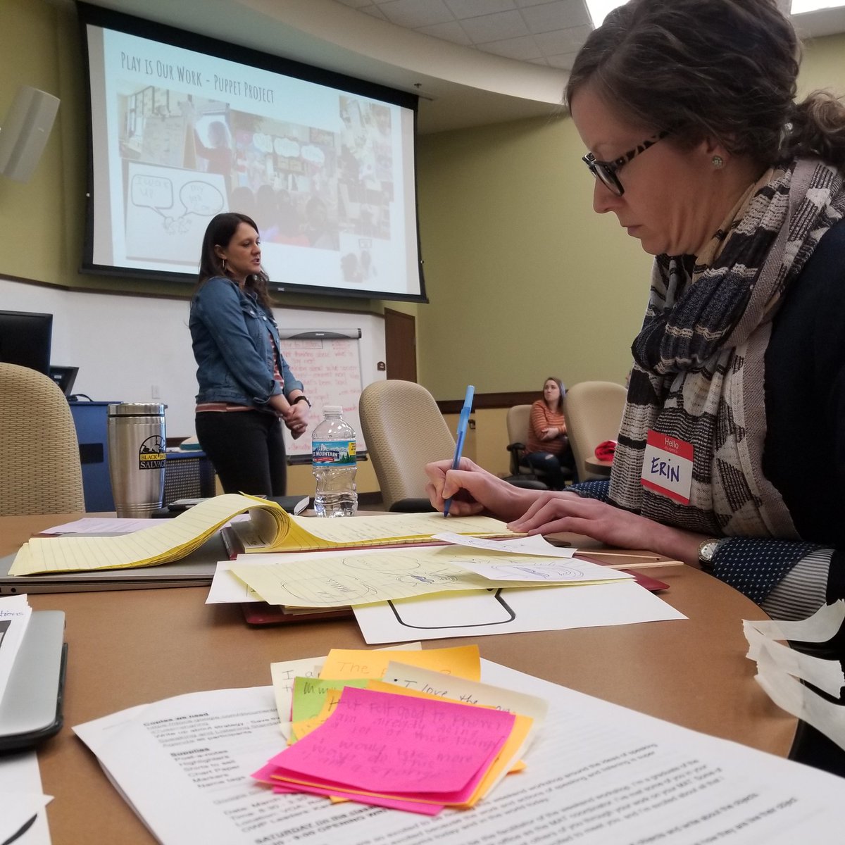 MrsKarenLong's tweet photo. We're back for another day of learning! OWP Weekend Workshop! Making puppets out of popsicle sticks, index cards, and masking tape. Writing scripts for our puppet, creating dialogue, speaking back to performance poetry, and focusing on speaking and listening standards. @owpmu https://t.co/yqEvMdPkdN