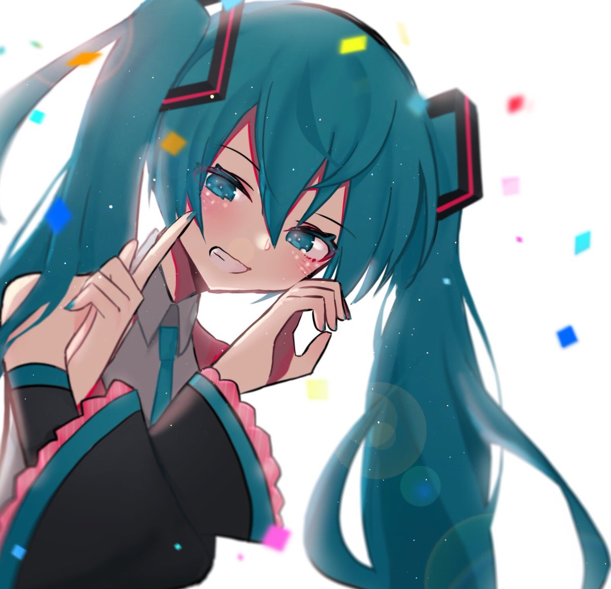 hatsune miku 1girl solo twintails long hair smile detached sleeves grin  illustration images