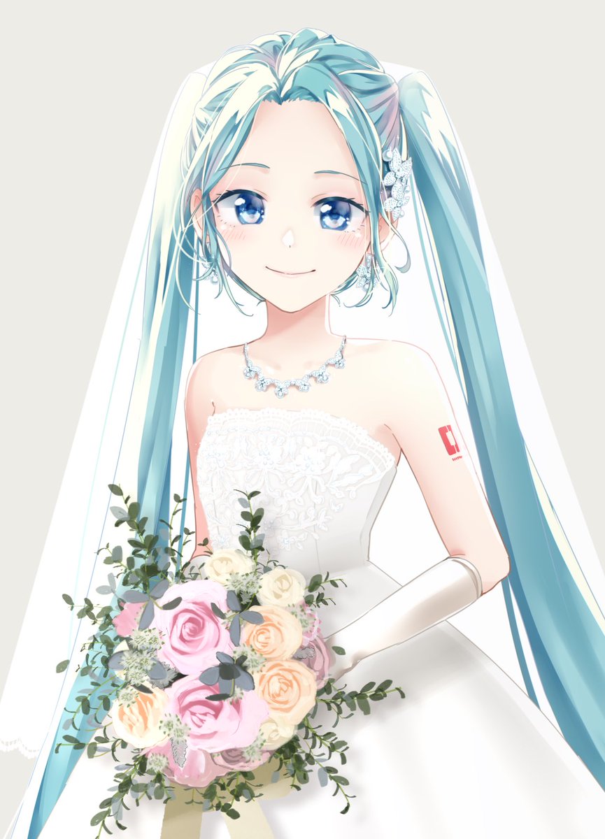 hatsune miku 1girl dress solo flower bouquet wedding dress twintails  illustration images