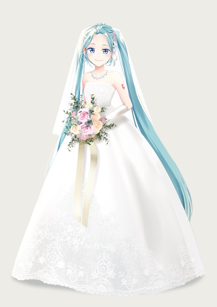 hatsune miku 1girl dress solo wedding dress flower bouquet long hair  illustration images