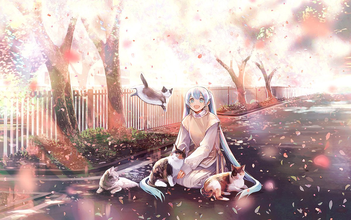 hatsune miku 1girl long hair cat twintails outdoors very long hair petals  illustration images