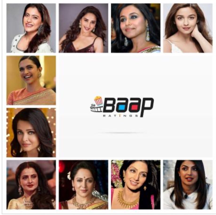 BaapRatings's tweet photo. #BaapRatings releases #Bollywood #Top10 #heroines in 50 years 1970-2020 after a survey @dreamgirlhema #rekha @SrideviBKapoor @MadhuriDixit #Aishwarya @itsKajolD #rani @deepikapadukone @aliaa08 @priyankachopra make it to the list @jawahar4 #IWD2020 #WomensDay https://t.co/YMLDUCKs3c