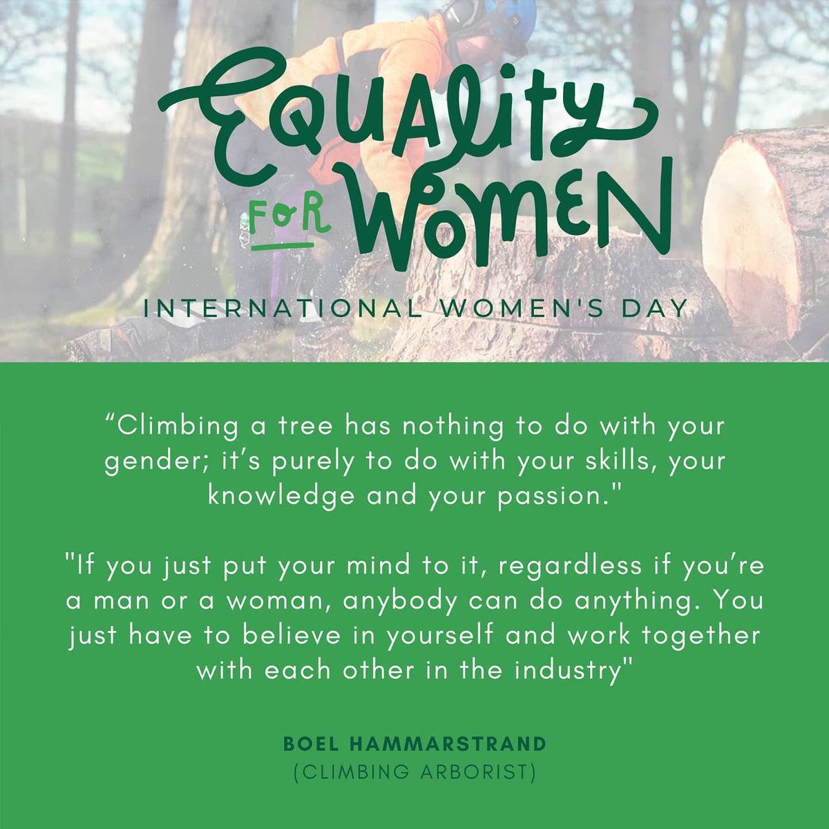 Here's to all the wonderful, powerful, &amp; inspirational women that work in Arboriculture! 

Happy International Women's Day! 

#IWD2020 #WomenInArb #EachforEqual #WomenInTrees #internationalwomensday