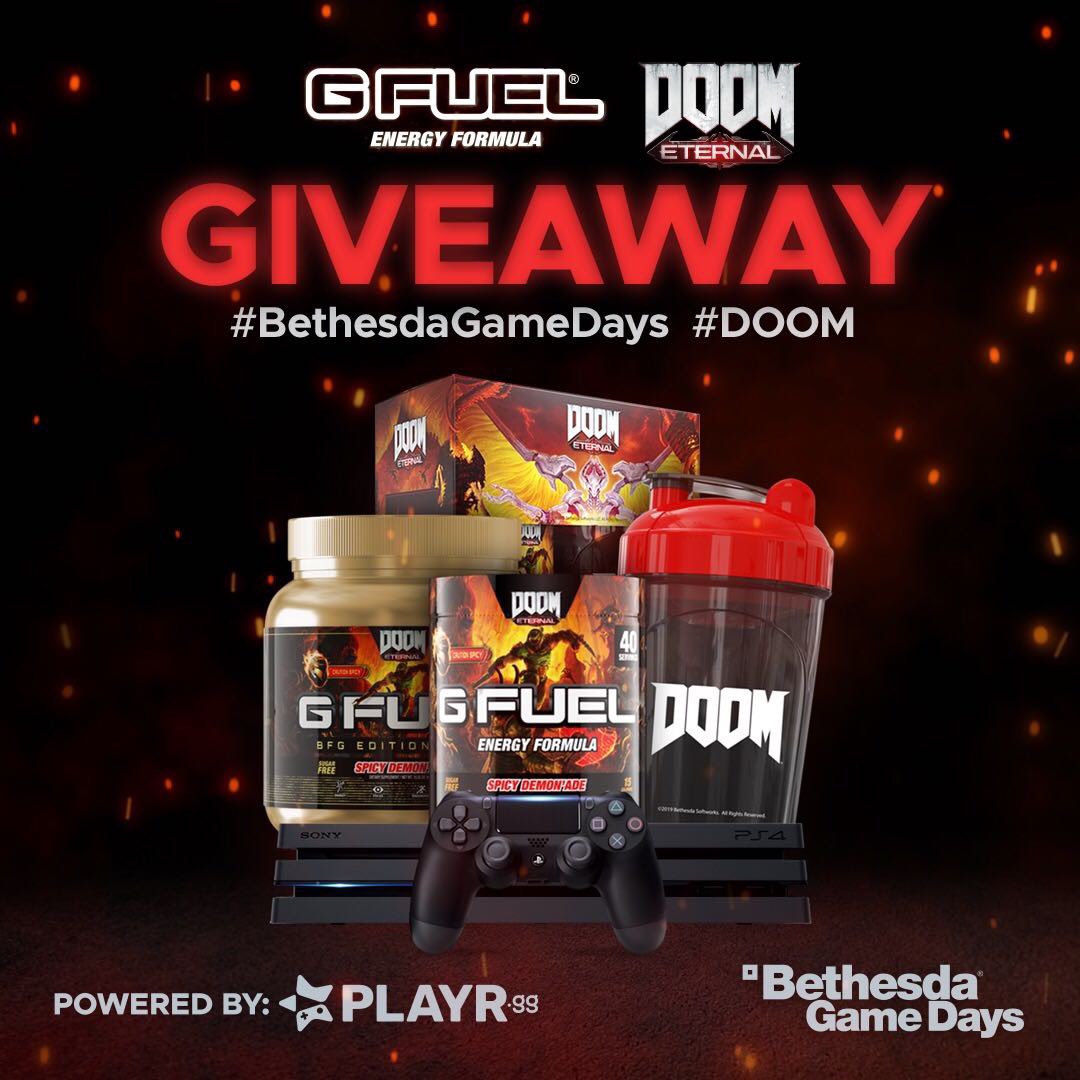 GFuelEnergy's tweet photo. 🎮🔥 GIVEAWAY ALERTTT 🔥🎮

To celebrate our upcoming @DOOM x #GFUELDOOM Flavor and the launch of #DoomEternal, we’ve launched a BADASS GIVEAWAY!!!

🍋 Prizes include PS4 Pro + 1yr supply of #GFUEL + more!

🌶 LIKE + RT + TAG A FRIEND 

🔥 ENTER: https://t.co/QNnRw0sXRT https://t.co/BWoZ3ohNPw