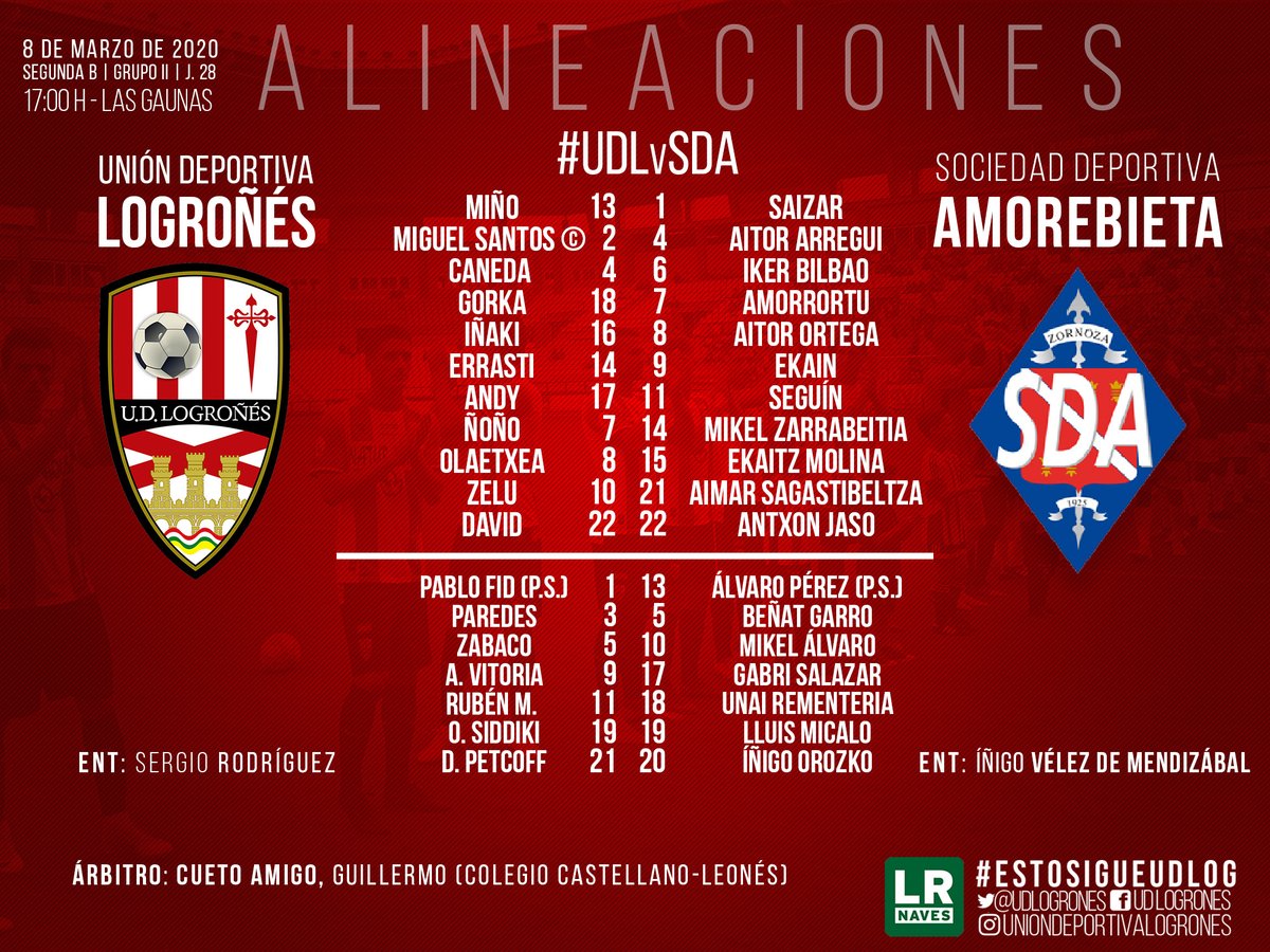 UDLogrones's tweet photo. 📋 ALINEACIONES |  ¡Tenemos onces confirmados en Las Gaunas! Así saltarán al césped @UDLogrones y @SDAmorebieta para disputar esta jornada 28. ¡A por todas! 💪⚪️🔴 

#UDLog #UDLvSDA https://t.co/gOBrHFCzuZ