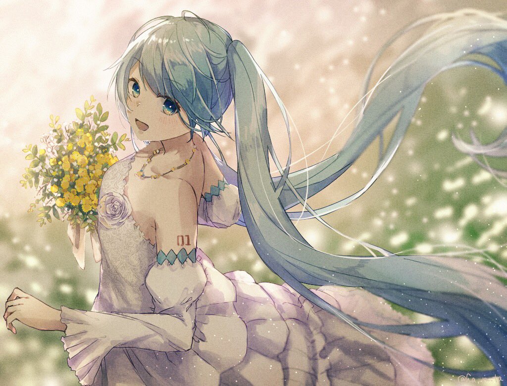 hatsune miku 1girl solo long hair dress flower twintails detached sleeves  illustration images