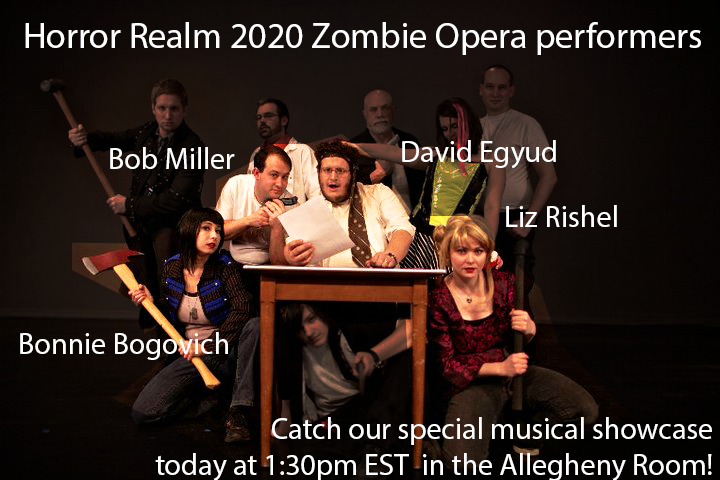 TheZombieOpera's tweet photo. Here's who from our original cast are performing today at our Zombie Opera "10 Year Anniversary" musical showcase at @HorrorRealmCon! - Bonnie Bogovich​, Robert Miller​, David Egyud and Liz Rishel​. Join us TODAY at 1:30pm for a special show:) #opera #pittsburgh #zombies #horror https://t.co/KHAfy2f9oN