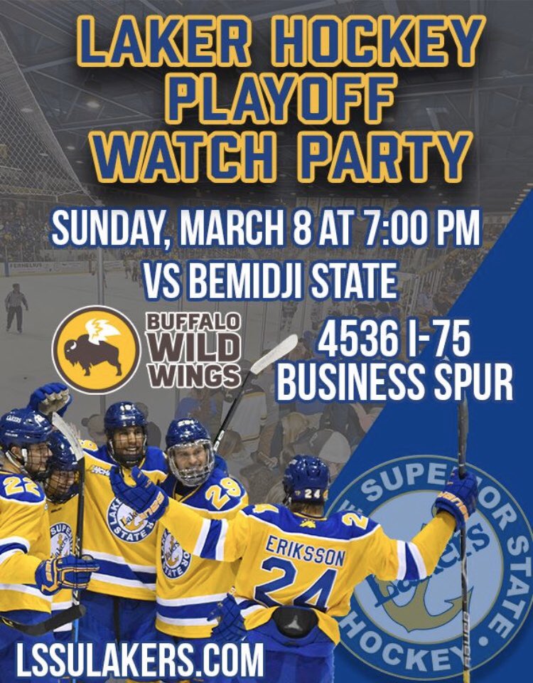 lakerhockey's tweet photo. The Sault Ste Marie Buffalo Wild Wings is hosting a Watch Party for the deciding game of the first round of the WCHA Playoffs! #BelieveinBlue https://t.co/ZMu9cqwrrH