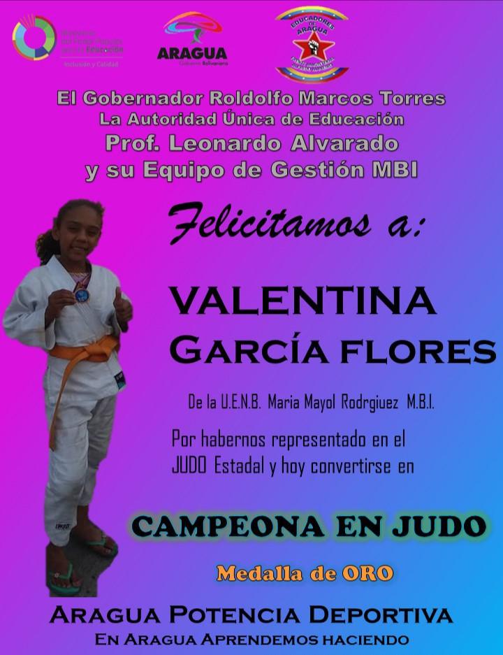 🎊Felicitaciones a nuestra atleta juvenil "Valentina García Flores" quien nos representó en el campeonato estatal de Judo llevándose Medalla de Oro🎖 

CAMPEONA EN JUDO🏆
¡Aragua Potencia Deportiva! 
#MujeresVanguardiaDeLaRevolución 
<a href="/dcabellor/">Diosdado Cabello R</a> <a href="/RMarcoTorres/">Rodolfo Marco Torres</a> @MPPEDUCACION