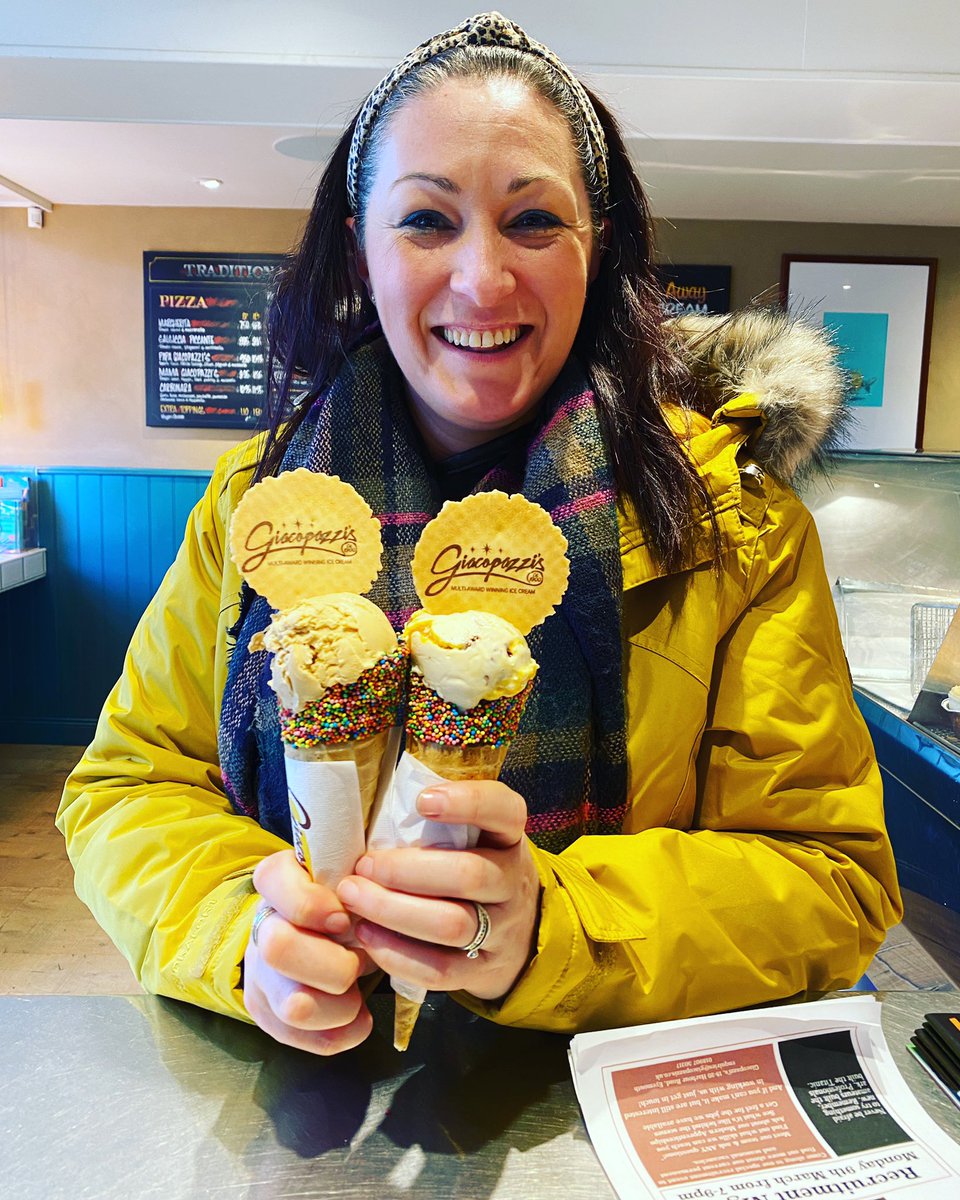 Giacopazzis's tweet photo. Sun’s out, cones are a go-go!!! #internationalwomensday #allsmiles #sprinklecone #creamegg #saltedcaramel #giacopazzisofeyemouth #visitberwickshirecoast https://t.co/AiStu5ovK8