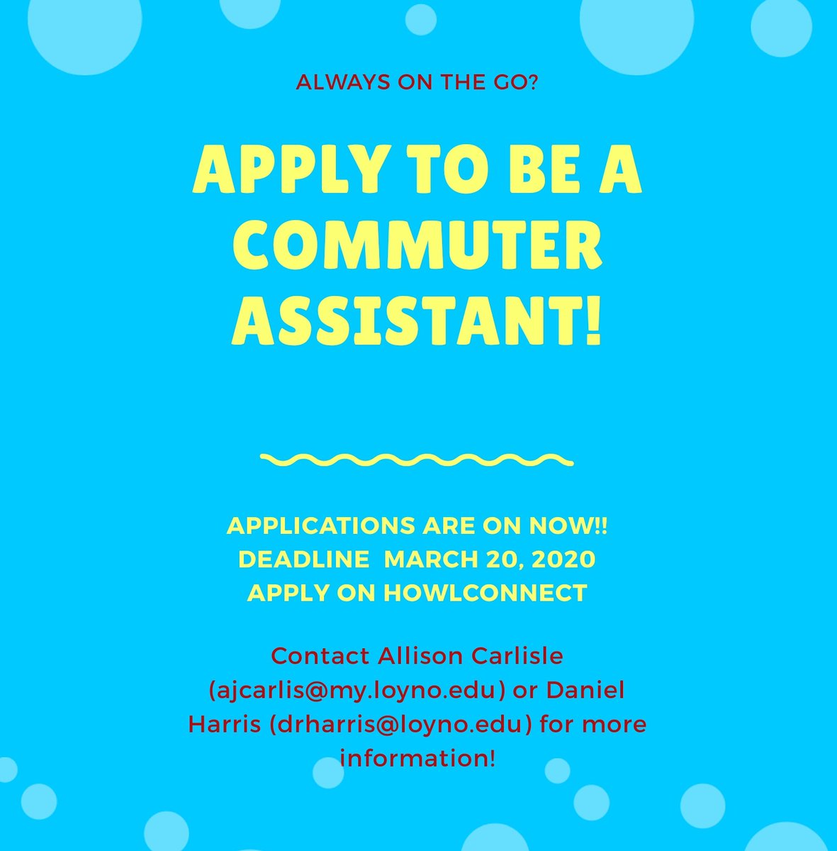 loynocsa's tweet photo. ATTENTION COMMUTERS!!! Are you great at making connections and want to make Commuter life better? If you want to help the incoming class, aid CSA in creating new events, and want to make a little money doing so, apply to be a CA before March 20! https://t.co/yCt3kmk3V9
