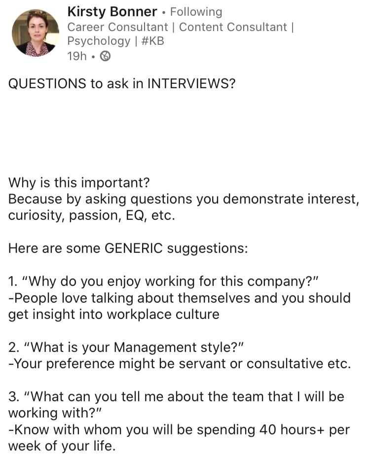 getmehired_io's tweet image. "Do you have any question for us?"
This is one of the questions the interviewer would ask you during interview session. Don't know what to ask?
Don't panic, here, have a look on few generic questions you can ask the interviewer! 😎