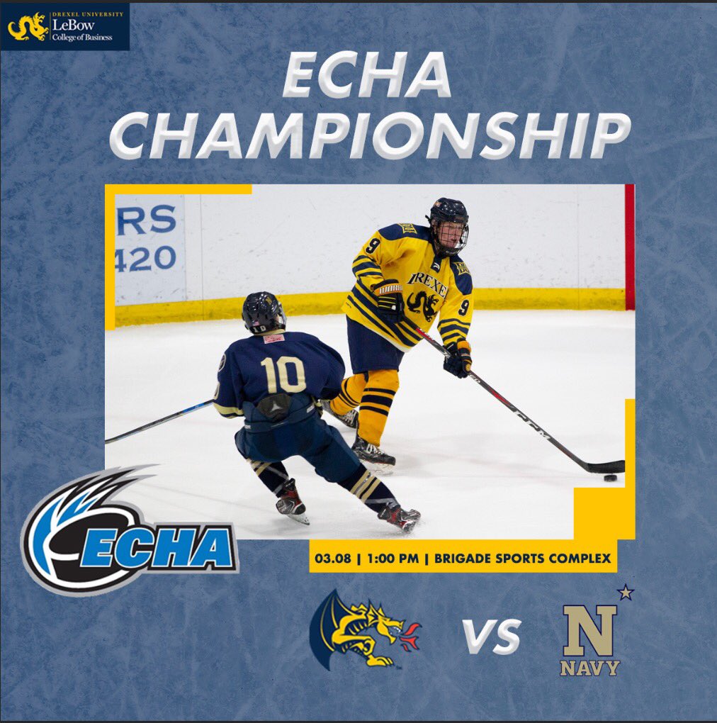 drexelhockey's tweet photo. 🐉PLAYOFFS🐉
            D1

📅3/8/20

🆚@NavyHockey 

🕑1pm

📍Brigade Sports Complex 

D1 made it to the Finals!! 
Tune in to see the Dragons take on The US Naval Academy in the ECHA Championship! Puck drops at 1pm! #DUIH #letsgodragons #D1 https://t.co/damGjRImdx