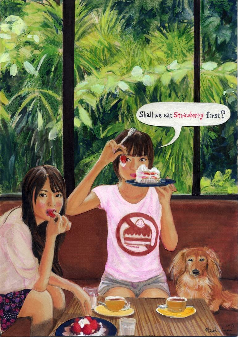 「苺🍓先？(窓の外は緑)」
#絵 #植物 #夏 #イチゴ #窓の外 #緑 #植物 #green #painting #trees #dog #summer #夏 #木陰 #ショートケーキ #illustration #写実 #japan #ストロベリー #sisters #girls #女子 #風景 #風景画 #scenery #tea #cafe #strawberry #girls #cute #strawberryshortcakes