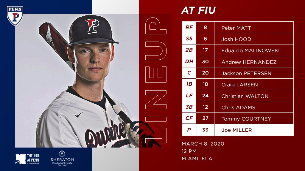 PennBaseball's tweet photo. Our starting nine for today's series finale 👇

@Cristian_walton makes his first start of the season as we aim to take the series. https://t.co/yl27pWPjT3