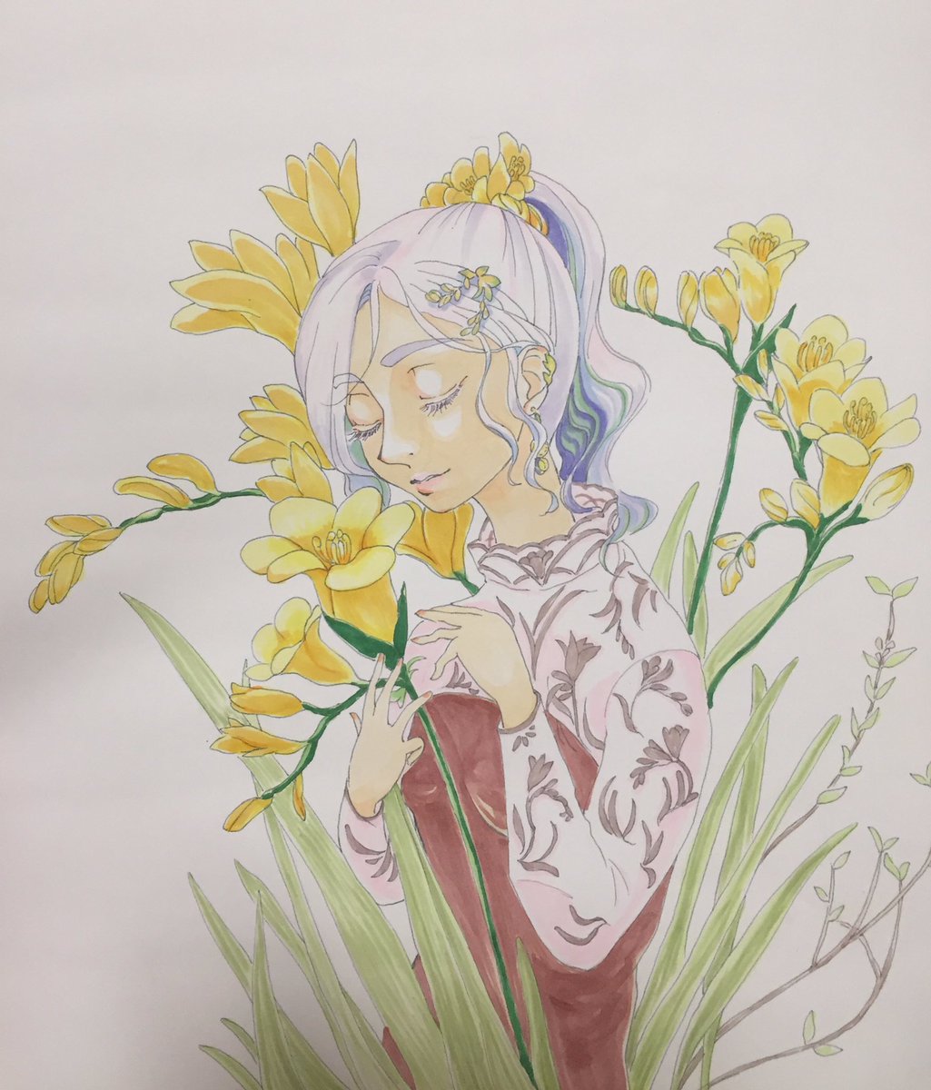 花と女性イラスト