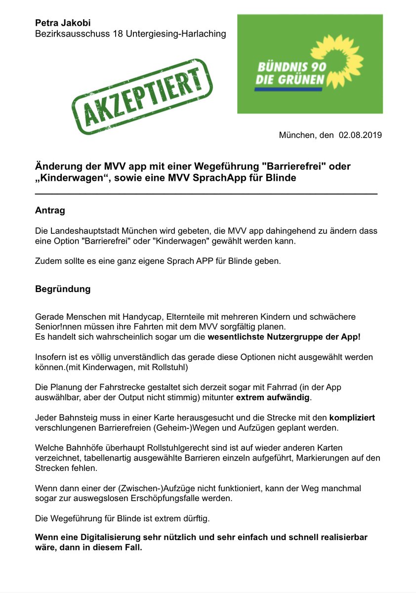 petra_jakobi's tweet photo. #barrierefrei #Untergiesing #Harlaching #Senioren #Fußgänger #zuFuß #RadlOffensive #Radverkehr #Kinder #Familien #Handycap #MVV #MVVmitRad
Überarbeitung der MVV App mit der Option „barrierefrei“ oder „Kinderwagen“, sowie eine SprachApp für Blinde https://t.co/BtYjgw9upt