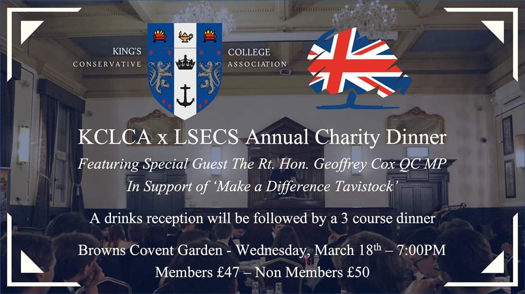 Former Attorney General Geoffrey Cox will be speaking at this year's @LSESUTories annual charity dinner later this month, co-hosted by the King's College Conservatives, in aid of Make a Difference Tavistock.

Time is running out to buy tickets:

facebook.com/events/s/kclca…