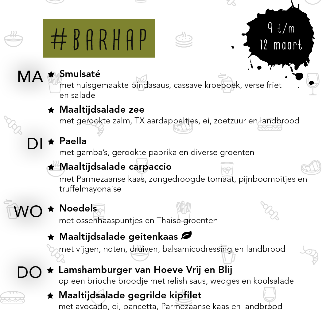 Elke week issie weer anders, maar altijd even lekker! We hebben het natuurlijk over het #BARHAP menu. 🤤  Wordt het paella, noedels of toch die lamsburger? 🤔