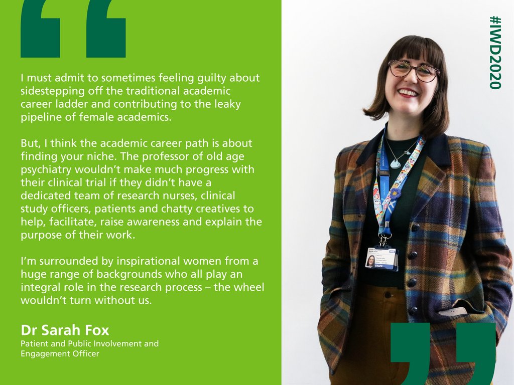 Our next inspirational woman for #IWD2020 is Dr Sarah Fox @FoxWoo84, our Patient and Public Involvement and Engagement Officer within our <a href="/GM_DementiaRC/">GM-DRC</a> (buff.ly/2SSUGB6.) She tells us about being a woman in her field: #EachforEqual #TogetherGMMH #ResearchGMMH