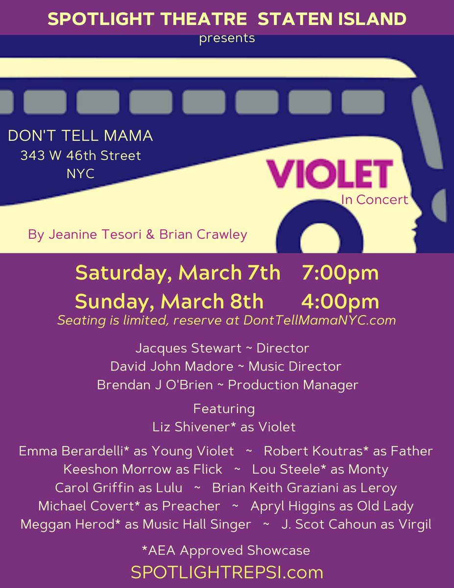 Join us Sunday, March 8 at 4PM for Spotlight Productions Presents: VIOLET in Concert! For Reservations &amp; More Info: bit.ly/3cMakXd